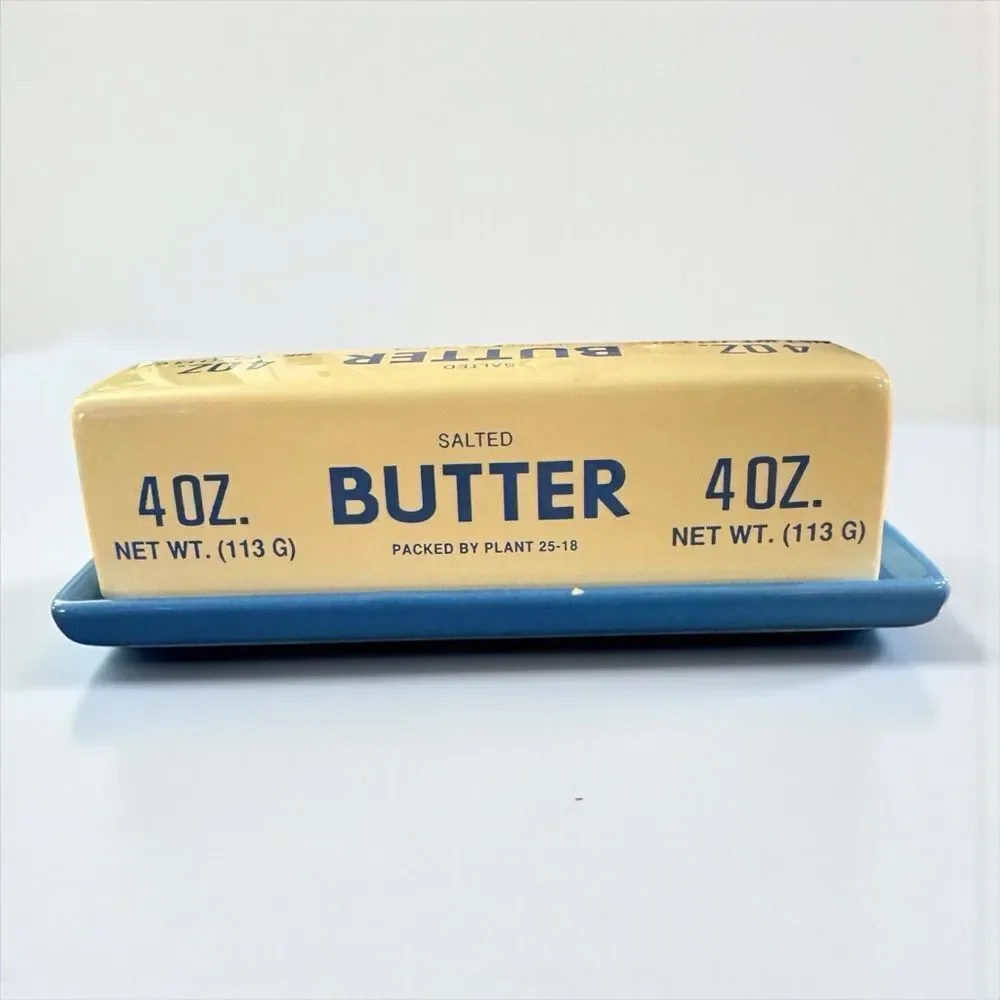 Ceramic Butter Dish with Yellow Butter Stick Design and Blue Base